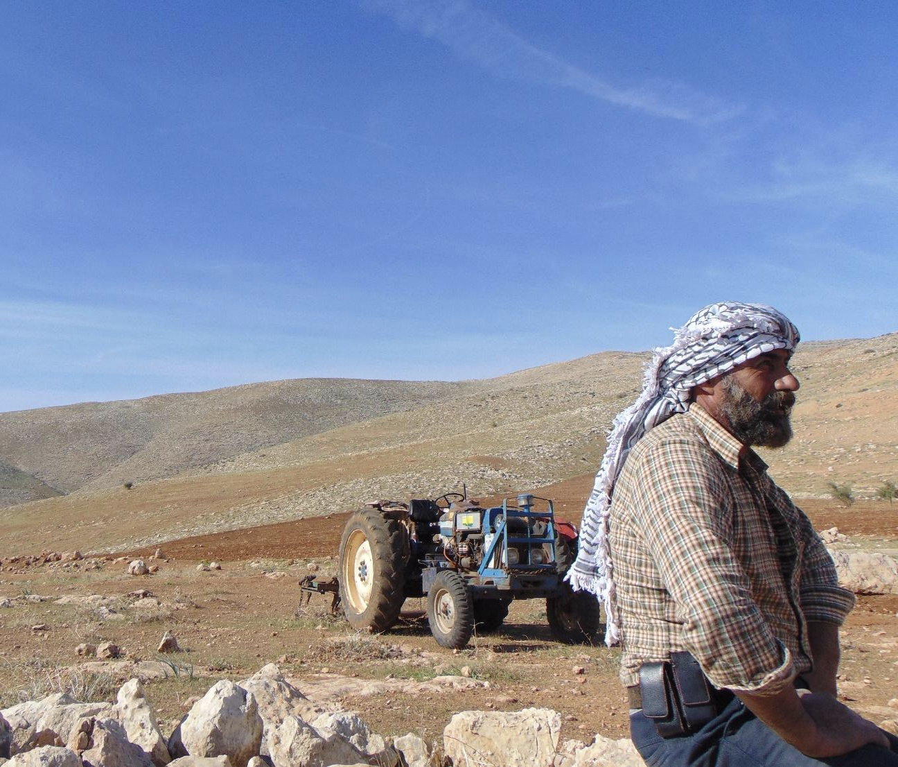 A Palestinian man observes his land that is being threatened by Israeli settlers